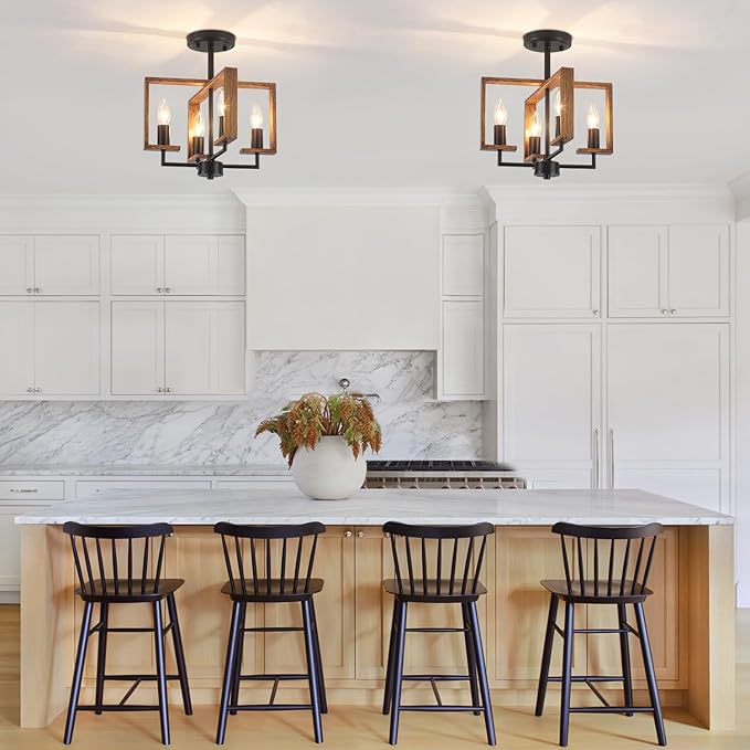 4-Light Farmhouse Ceiling Light, Semi Flush Mount Ceiling Light Fixture, Kitchen Island Lighting Rustic Wood Metal Geometric for Hallway Dining Room Entryway Laundry Bedroom