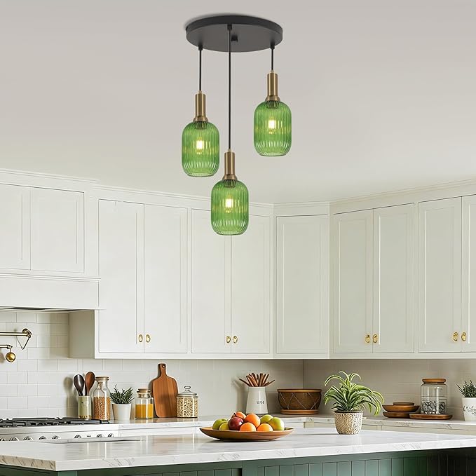 FRIXCHUR 3-Light Pendant, Mid Century Style Glass Shades with E26 Sockets, Adjustable Retro Pendant Light with Gold Accents, Ideal for Kitchen Islands and Living Rooms (Emerald)