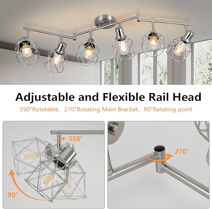WILON Track Lighting Fixtures, 6-Light Brushed Nickel Flush Mount Track Light Ceiling, 6 Way Spot Light Kitchen Light Fixtures Directional Ceiling Spotlight for Kitchen Hallway Living Room