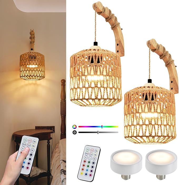 Boho Battery Operated Wall Sconce Set of Two, Rattan Rechargeable Wall Sconces with Remote,Wireless Sconces Set of 2 for Bedroom,Living Room,Entryway 15 Colors Dimmable-Natural Wood