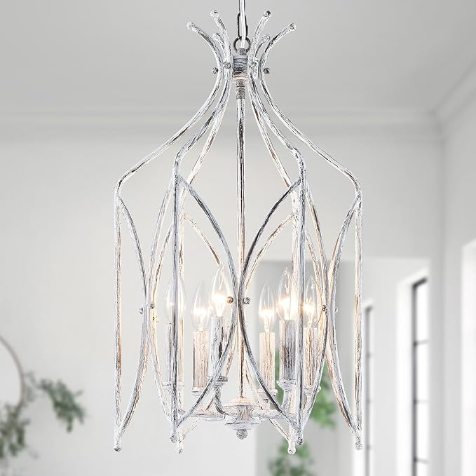 WUZUPS Lantern Pendant Chandelier Rustic Metal Cage Light Modern Lighting Fixture for Kitchen Diningroom Bathroom Livingroom, H 25.4" x W 14.2", E12 Base, Anqitue Whiute