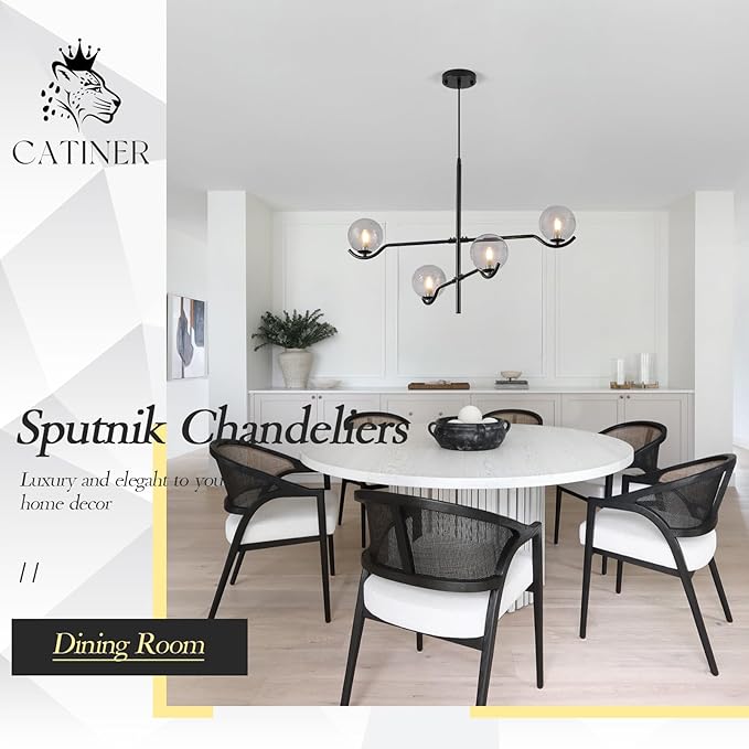 CATINER Modern Black Sputnik Chandelier, Large 4 Lights L31 '' Mid Century Long Ceiling Pendant Light with Smoke Gray Glass Globe Shades for High Ceiling Living Dining Room Foyer Bedroom