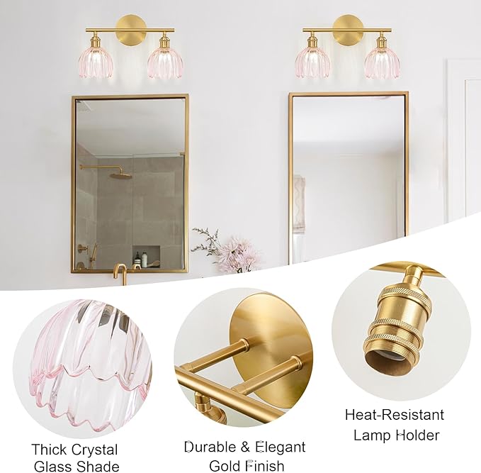 Gold Bathroom Light Fixtures Over Mirror, 2 Light Bathroom Vanity Light Fixture with Tulip Pink Glass Lampshade, Vintage Vanity Lights for Bathroom, Bathroom Vanity Lights Over Mirror