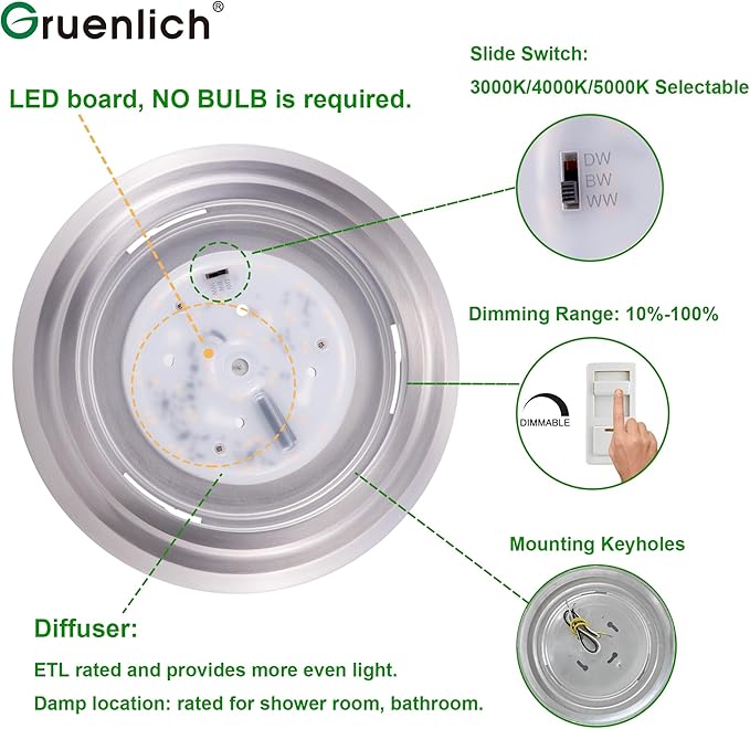 GRUENLICH LED Flush Mount Ceiling Lighting Fixture, 11 Inch Dimmable 22W, 1300 Lumen, 3000K 4000K 5000K Selectable, Aluminum Housing, Damp Location Rated, 2-Pack (Nickel Finish)