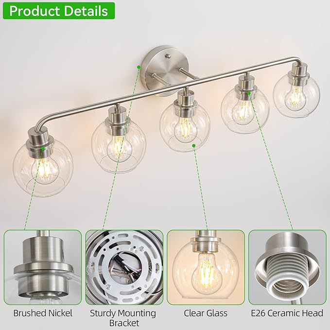 Bathroom Light Fixtures 5 Light Brushed Nickel Vanity Light Silver Modern Wall Sconces Lighting Bathroom Lights with Globe Glass Shade Bath Wall Lights for Mirror Kitchen Living Room Hallway 34.5"