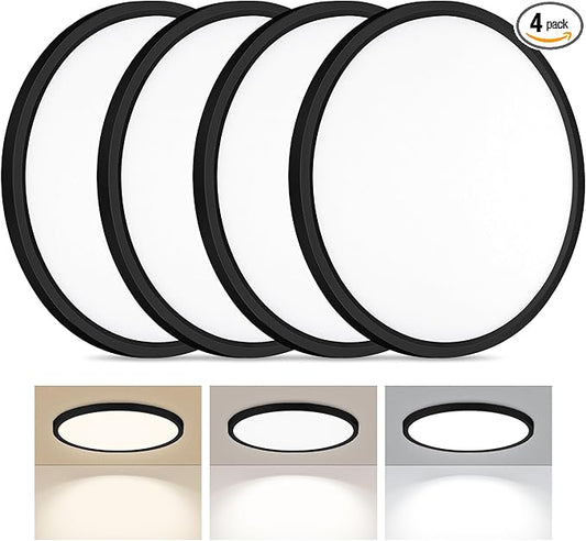 4 Pack LED Flush Mount Ceiling Light, 24W Ultra Thin Round White Lamp 3000K/4000K/6500K 3 Color Temperatures Adjusted 12 Inch Modern Ceiling Lights, Black, Wired