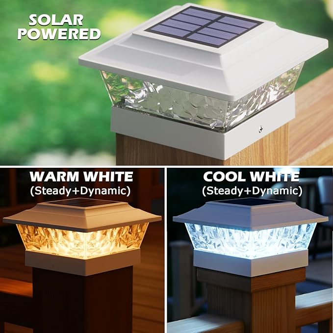 SIEDiNLAR Solar Post Lights Outdoor 12 LEDs 4 Modes Post Cap Light for 4x4 5x5 6x6 Wooden Vinyl Fence Deck Posts Garden Patio Decor, Warm/Cool White Dynamic Lighting (1 Pack, White)
