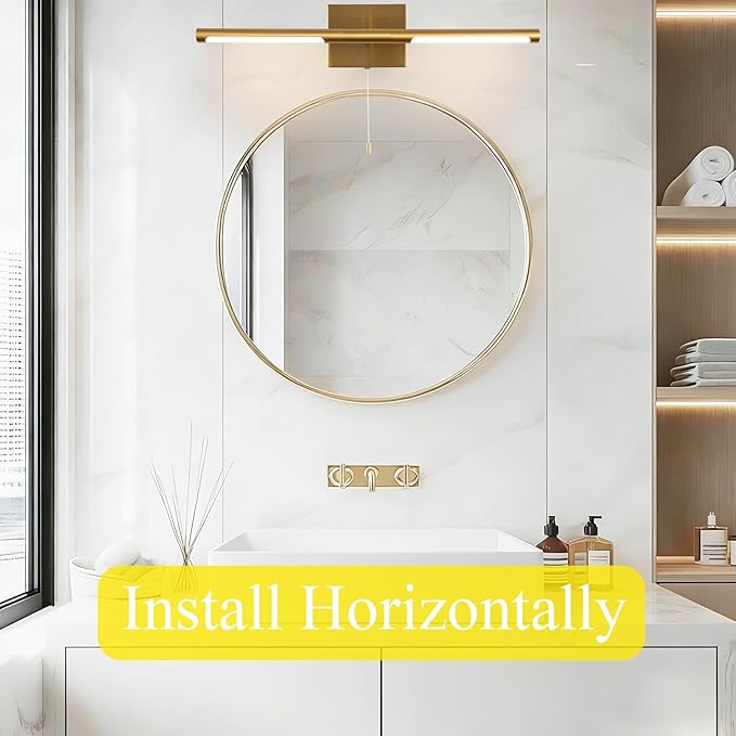 24 Inch Brass Gold LED Bar Bathroom Vanity Light,360° Rotatable Vanity Light Fixtures with Pull Chain Over Mirror,4000K Modern Bathroom Sconces Wall Lighting Picture Light