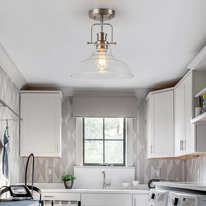 WILON Semi Flush Mount Ceiling Light Fixture, Brushed Nickel Farmhouse Light Fixtures with Clear Glass Shade, Modern Vintage Ceiling Lamp for Kitchen Island Sink Foyer Bathroom Entryway Laundry Room