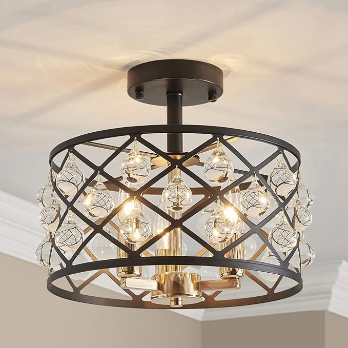 AGV LIGHTING CH013BB Farmhouse Semi Flush Mount Ceiling Light Fixture, E12 Base 3-Lights, D13 x H12, Matte Black & Light Gold Finish