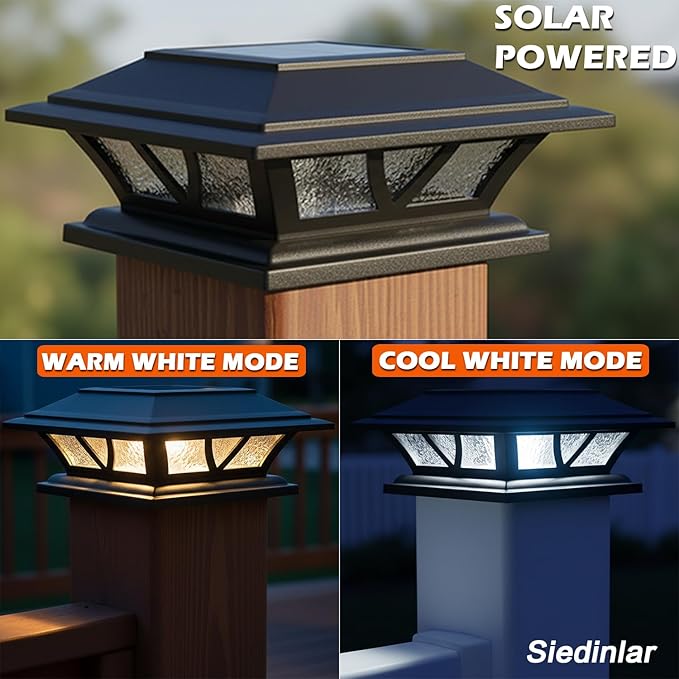 SIEDiNLAR Solar Post Lights Outdoor 2 Modes LED Deck Fence Cap Light for 4x4 5x5 6x6 Posts Patio Garden Decoration Warm White/Cool White Lighting Black (10 Pack)