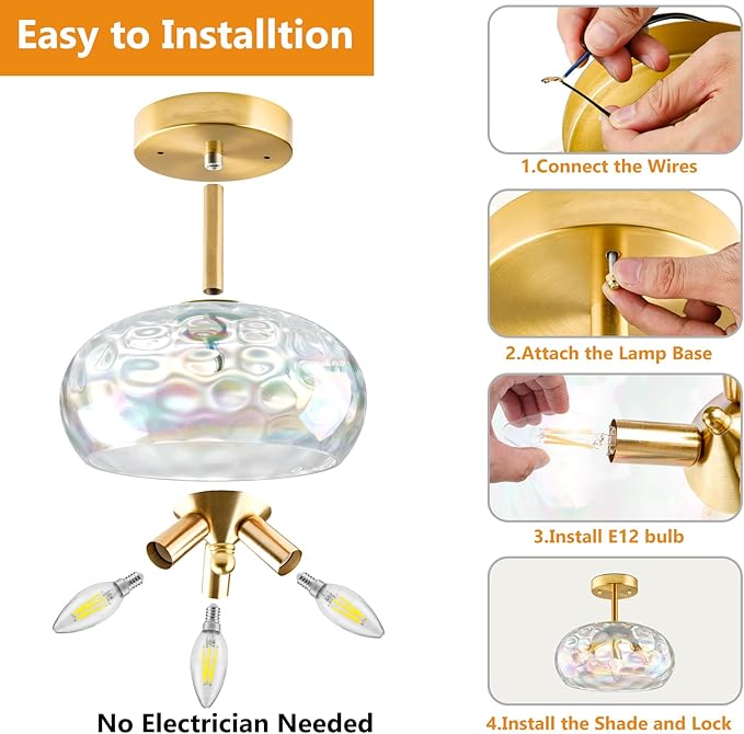 Gold Semi Flush Mount Ceiling Light, 12''& 3-Bulb Vintage Ceiling Light Fixture, Stained Glass Shade Hanging Hammered Lampshade for Hallway, Kitchen, Farmhouse, Foyer, Bedroom - Bulbs Not Included