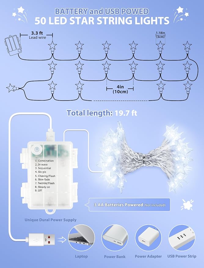 Star String Lights Battery&USB Powered,19FT 50LED Star Fairy Lights with Remote, Hanging Star Lights for Home, Kids Tent, Bedroom,Porch, Classroom, Christmas,Party,Room Decor,White