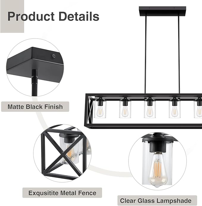 Espird Farmhouse Dining Room Light Fixture - 6 Light Kitchen Island Lighting with Adjustable Height & Thickened Metal Dining Room Light Fixture Over Table，Chandeliers for Dining Room&Kitchen Island