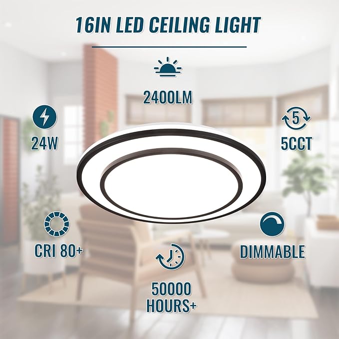 2 Pack Black LED Flush Mount Ceiling Light Fixture 5CCT, Dimmable Light Fixture Ceiling Mount 16" 24W, Overhead Modern Close to Ceiling Light for Living Room,Kitchen,Bedroom