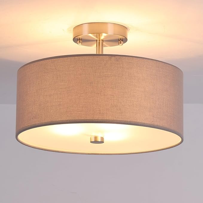 14 inch Semi Flush Mount Ceiling Light: 3-Light Modern Brushed Nickel Light Fixtures Ceiling Mount Lamp, Drum Gray Linen Shade & Glass Diffuser Perfect for Entryway Kitchen(Bulb Exclude)