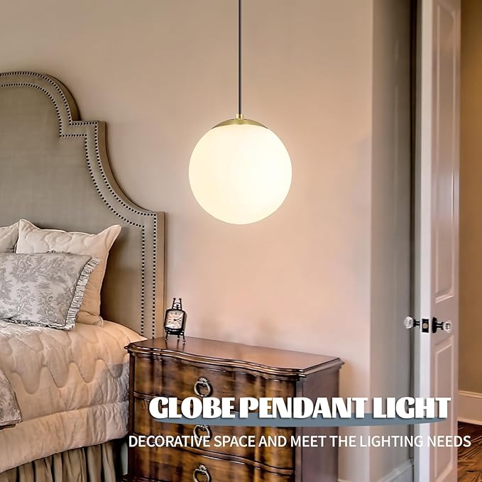 KoKo&Yukina 6-inch mini Modern Globe Pendant Light Opal Glass with Brass Finish Contemporary Mid Century Adjustable Hanging Light Fixture Mid Century Pendant Light for Living Room Bedroom Kitchen