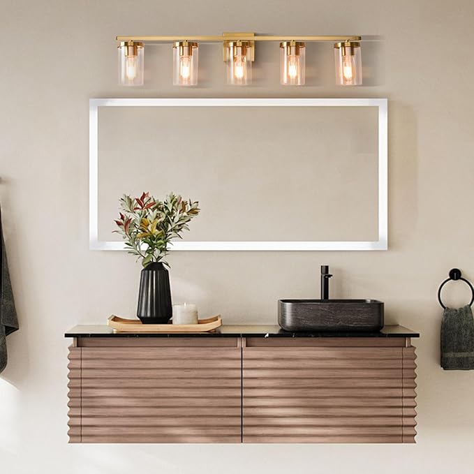 34in Bathroom Light Fixture Over Mirror, 5-Light Gold Vanity Lights with Clear Glass Shades, Modern Wall Sconces for Living Room, Bedroom, Hallway, E26 Base
