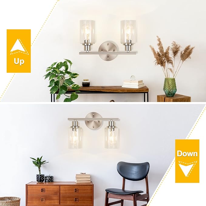 2-Light Wall Sconce Light Fixtures, Brushed Nickel Finish Wall Light with Clear Glass Shade, Modern Vanity Lighting, Wall Lamp for Bathroom Mirror