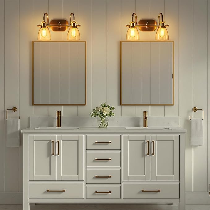 Lightdot Brushed Nickel Bathroom Light Fixture, 17.5IN 2-Light Bathroom Vanity Light with Clear Glass Shades, 60W Max/120V Modern Gold Vanity Lights for Mirror Kitchen Living Room, E26 Base-Gold