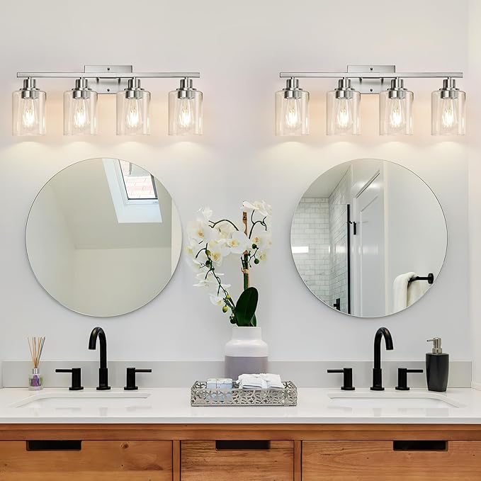 MOKATNG 4-Light Bathroom Light Fixtures, Vanity Light with Clear Glass Shades, Brushed Nickel Bathroom Light Fixtures Over Mirror, Modern Bathroom Wall Lamp for Mirror Living Room Cabinet Bedroom