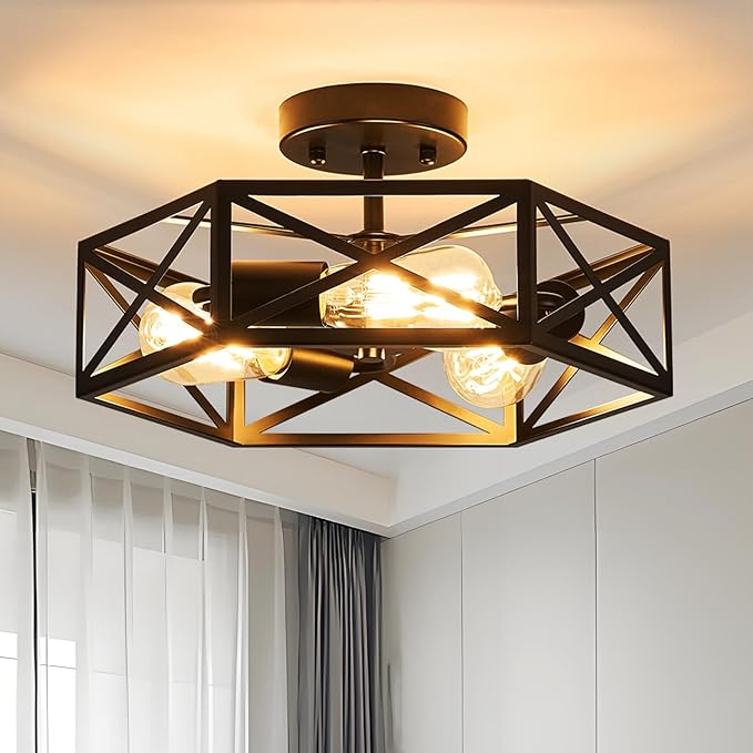 Modern Farmhouse Semi Flush Mount Ceiling Light,Industrial Black Ceiling Lighting Fixture,Hexagonal Close to Ceiling Lights for Kitchen, Hallway,Bedroom,Foyer,Dining,Laundry Room,14.6 Inch