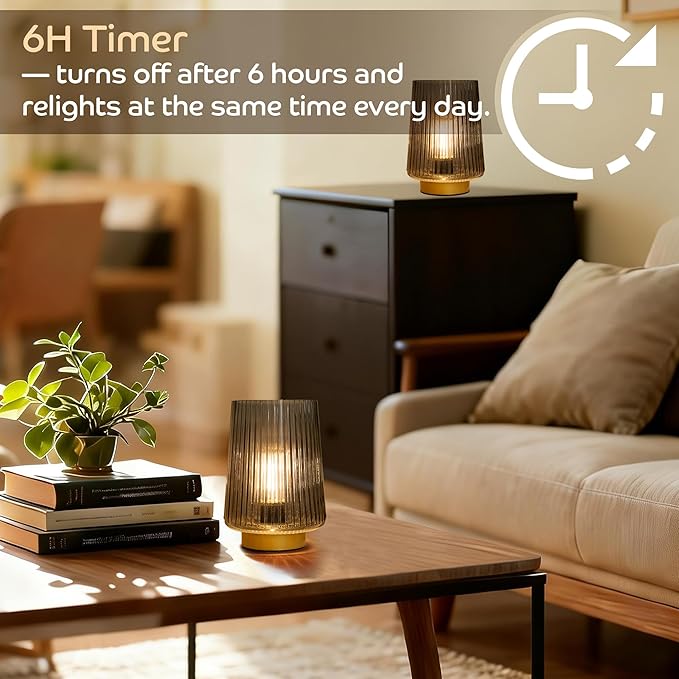 LUSHARBOR Battery Powered Lamp with Timer, Cordless Small Table Lamps Battery Operated with LED Bulb, Decorative Bedside Lamp for Living Room Grey 2Pack