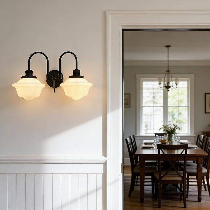 Pathson Vintage Milk White Wall Sconces, 2-Lights Hardwired Glass Bathroom Vanity Light Double Metal Curved Arms, Wall Painting Sconce Lamps Decor for Mirror, Living Room, Loft, Stairwell, Foyer