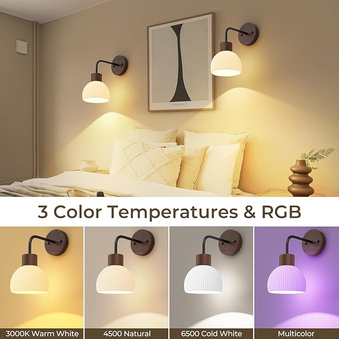 Glass Battery Operated Wall Sconces Set of 2, Rechargeable Wall Lamp with Remote, 12 Colors Dimmable Wireless Sconces Wall Decor Set of 2 with Timer for Bedroom Living Room (Walnut, 2 Pack)