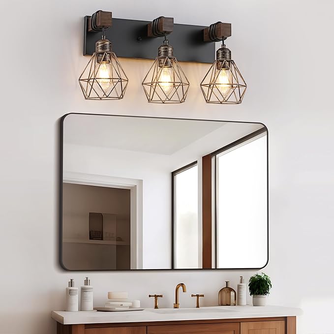 Farmhouse Bathroom Vanity Light Fixtures, 3-Light Black Gold Bathroom Light Fixtures Over Mirror, Rustic Wood Sconces Wall Lighting with Elegant Metal Lampshade for Living Room, Bedroom, Hallway