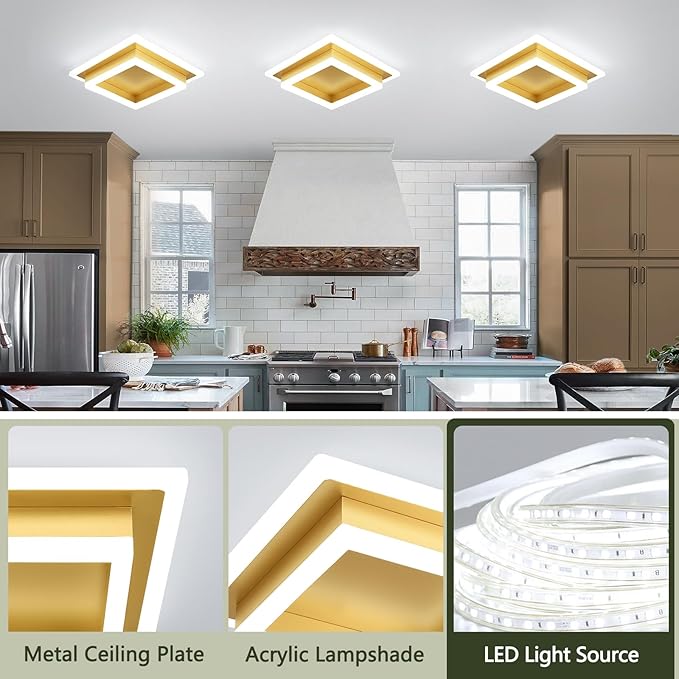 Modern LED Ceiling Lights, Gold Kitchen Ceiling Light, 32W LED Hallway Ceiling Light Fixtures, Flush Mount Ceiling Lights for Bedroom Dining Room Kitchen Bathroom(Gold) 2 Pack