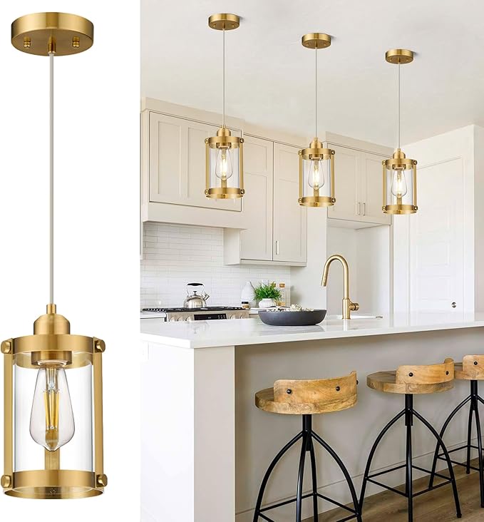 Brushed Gold Pendant Lights Kitchen Island, 1-Light Modern Brass Mini Hanging Light Fixtures with Clear Glass, Farmhouse Kitchen Pendant Lighting Over Island for Sink, OS-3014-1PBG