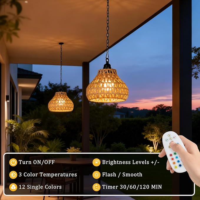 Rechargeable Hanging Pendant Lights, 2 Pack Battery Operated Outdoor Chandelier with Remote, No Wiring for Outdoor Patio, Gazebo, Porch Decor