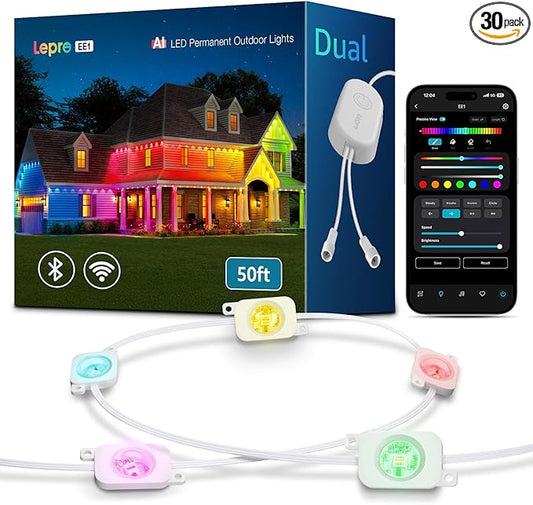 Lepro EE1 AI Permanent Outdoor Lights with Dual-Output, 50ft 30 LED RGB+IC Smart Outside Light for House Christmas Decor,Alexa Google Enabled 2.4 GHz WiFi/Bluetooth, APP Control No Remote Controller