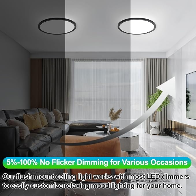 8-Pack Dimmable Flush Mount LED Ceiling Light Fixtures, 12Inch Black Ceiling Lamp 2700K/3000K/4000K/5000K/6500K 5 Color Selectable, 24 Watt 3200LM Low Profile Ceiling Light for Kitchen Bedroom Hallway