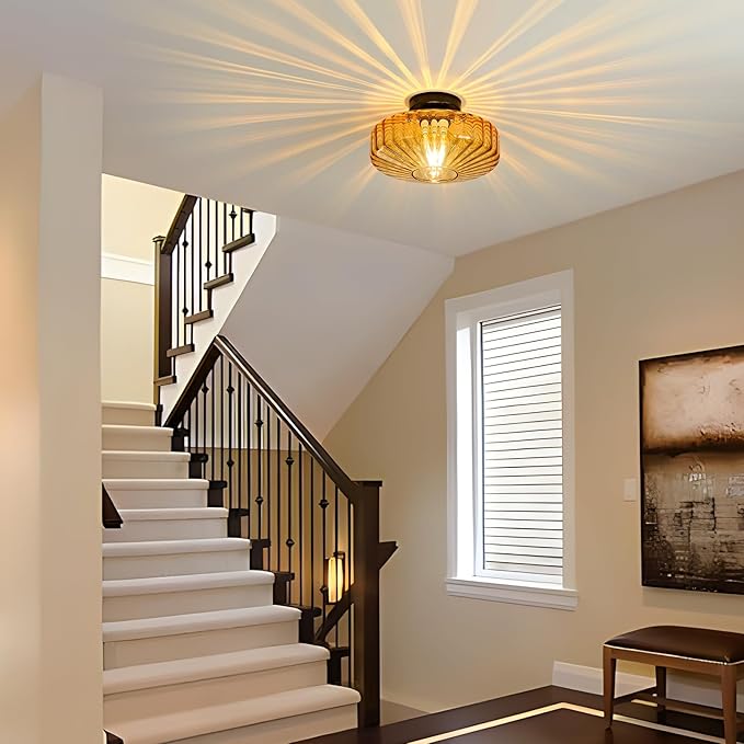Glass Semi Flush Ceiling Lights - 12 in Vintage Mid Century Modern Lighting Fixture - Drum Unique Art Deco Amber Mount Light Fixtures for Hallway Entry Way Hall Kitchen Dining Laundry Room Foyer Porch