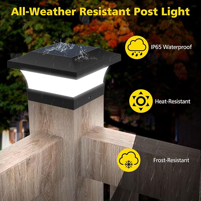 T-SUN Solar Post Lights, Waterproof Outdoor Solar Post Cap Lights for 4X4 Wooden Posts, 6000K Cool White LED Lighting, Deck, Patio, Garden Decor, Fence(2 Pack)