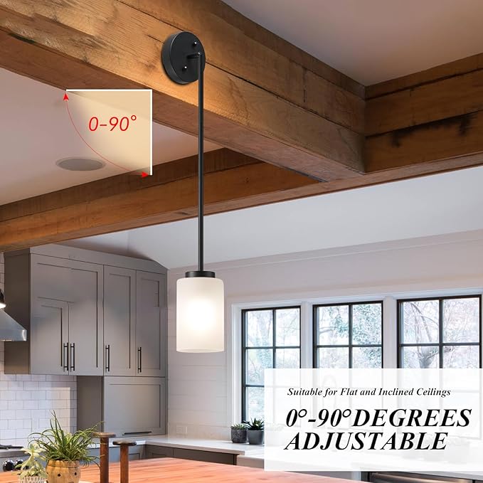2 Pack Pendant Light Fixtures, Farmhouse Adjustable Kitchen Island Hanging Ceiling Lights, Black Mini Pendant Lights with White Frosted Glass Shade for Bedroom Living Room
