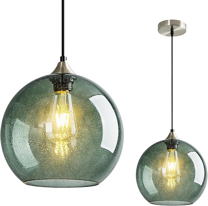 Mikeru Glass Globe Pendant Light Single, 7.87 Inch Gray Green Bubble Glass Hanging Lamp, Mid Century Modern Pendant Lighting for Kitchen Island Dining Room Bedroom (Bulb Not Included)