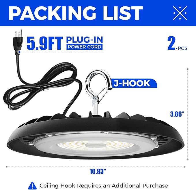 Barrina UFO LED High Bay Light, 150W 21000LM, High Bay LED Shop Lights for Warehouse, 5000K, IP65 Waterproof with 5.9FT Cable US Plug, Commercial Lights for Workshop Factory Barn, 2 Packs, UL Listed