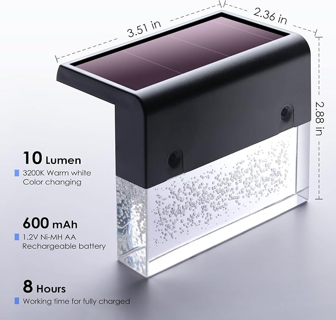 DenicMic Solar Deck Lights Outdoor Waterproof 6 Pack Fence Step Patio Decor | Warm White/Color Changing LED Outside Stair Railing Wall Pool Side Yard Garden 10 Lumen Acrylic Bubble Square Lampshade ABS