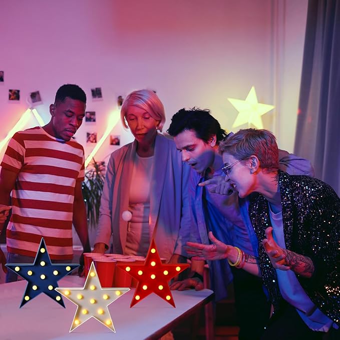 Tujoe 3 Pcs 4th of July Star Shaped Lights LED Independence Day Signs Red White and Blue Patriotic Star Centerpieces for Tables Indoor Outdoor 250th Independence Day Party Decorations(Smooth)