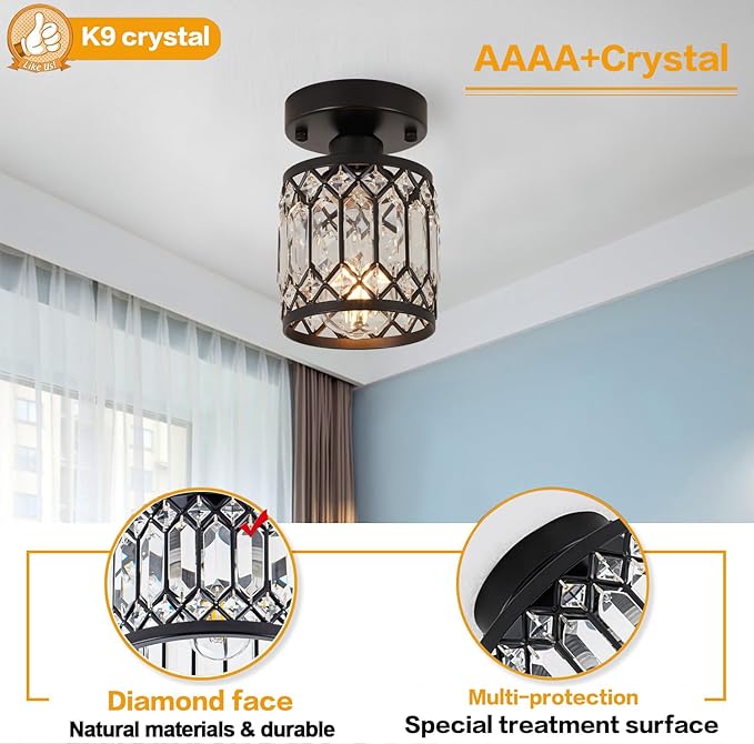 Crystal Black Ceiling Lights Modern Semi Flush Mount Ceiling Light Fixture,Farmhouse Rustic Chandelier for Entryway Porch Aisle Corridor Balcony