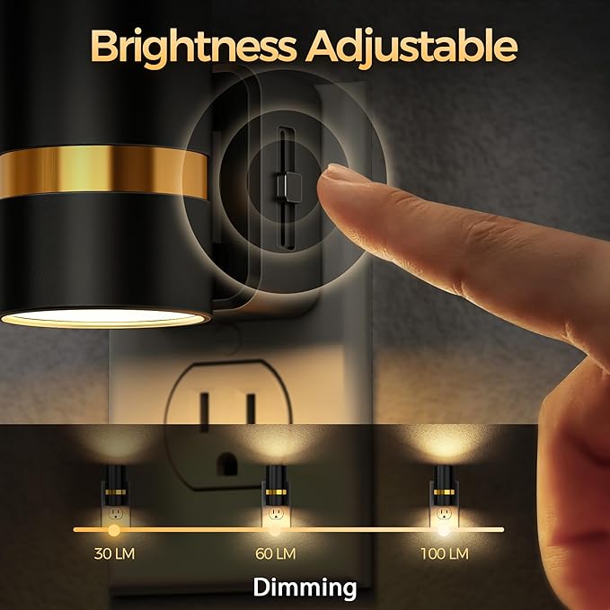 DORESshop LED Night Lights Plug into Wall, 2 Pack, Black Cylinder Wall Sconce Dimmable Night Light Plug in, Slide Brightness Adjustable with Dusk to Dawn Sensor, 3000K Warm White for Bedroom, Hallway