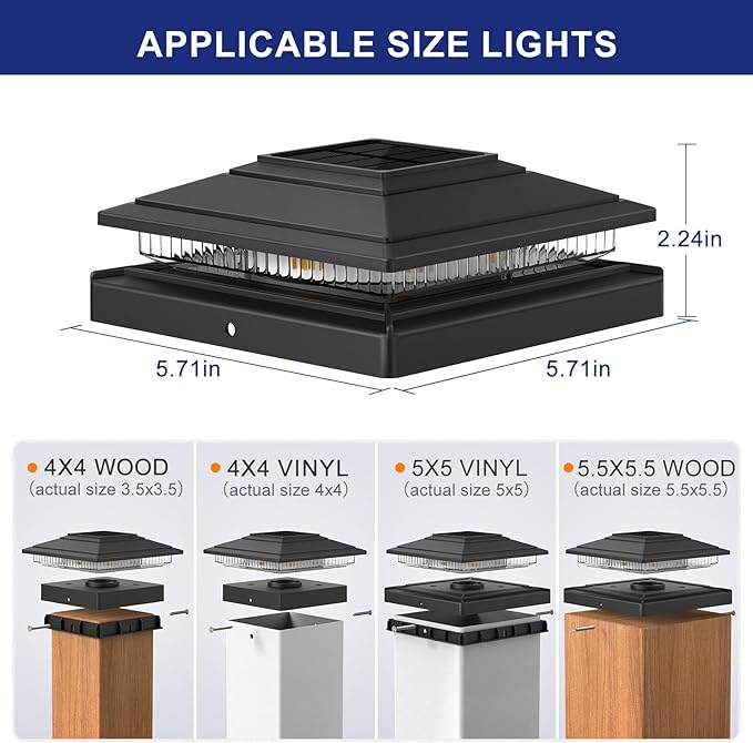 APONUO Solar Post Cap Lights 16-Pack, Black IP64 Waterproof 16 LED Fence Post Solar Lights for 4x4 5x5 6x6 Wood/Vinyl Posts, 2-Mode Deck Post Lights Solar Powered, 10-Hr Lighting for Patio Yard Porch