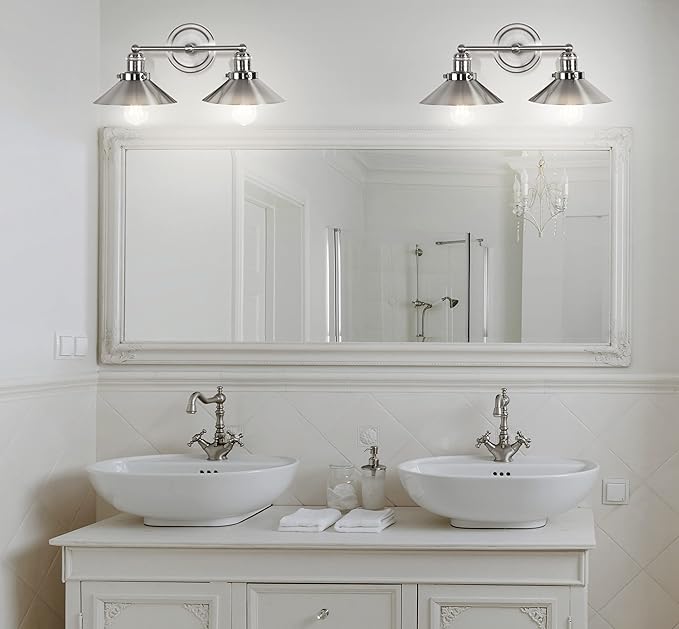 JONATHAN Y 17.5" Nickel 2-Light Industrial Farmhouse Metal Vanity Light Wall Sconce, Metal Shade for Bathroom Mirror, Kitchen, Entryway, LED Bulb Included (JYL7427B)