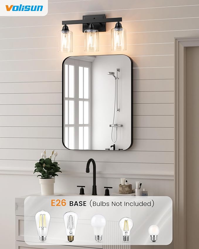 VOLISUN Matte Black Bathroom Light Fixtures, 3-Light Bathroom Vanity Light Over Mirror, Modern Vanity Lights for Bathrooms, Bathrooms Lights Fixtures Over Mirror with Clear Glass Shades
