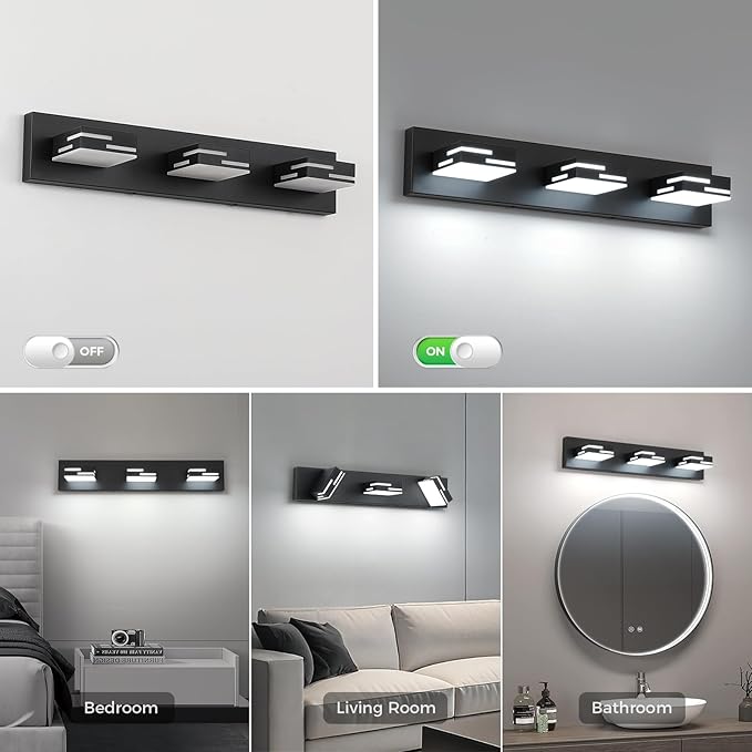 3-Light Modern Bathroom Vanity Light Fixtures, 24-Inch 350° Rotatable LED Vanity Lights Over Mirror, Matte Black Metal Wall Sconce with Acrylic Shade for Makeup Cabinet, Non-Dimmable