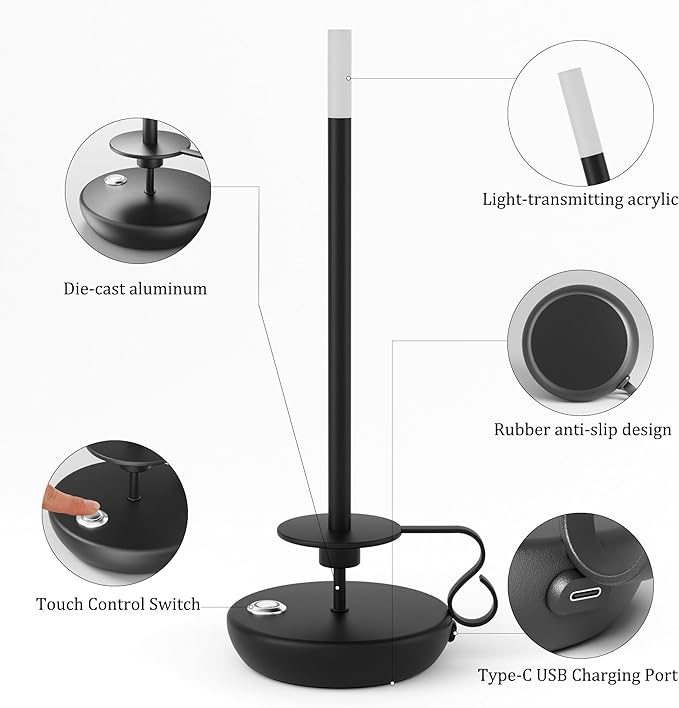 2 Pack Cordless LED Table Lamp, Battery Powered Stepless Dimmable Rechargeable Table Lamp for Dinner/Dining/Bedroom/Bar/Camping(Black)