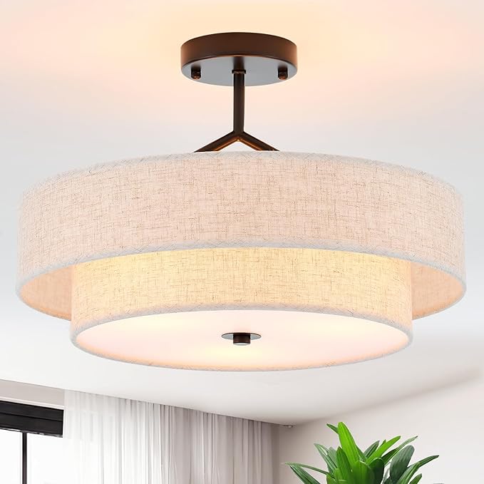 Semi Flush Mount Ceiling Light, 18" Black Drum Ceiling Light Fixture, 3-Light with 2-Tier Beige Linen Fabric Shade, Modern Farmhouse Close to Ceiling Light for Bedroom, Kitchen, Entryway
